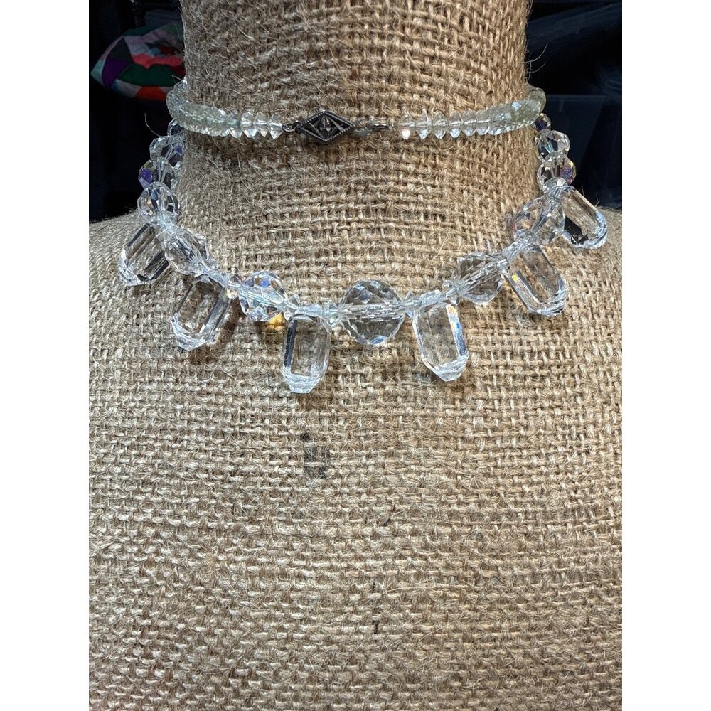 Vintage 10K White Gold Austrian Faceted Crystal Necklace, Tested Clasp & Chain,